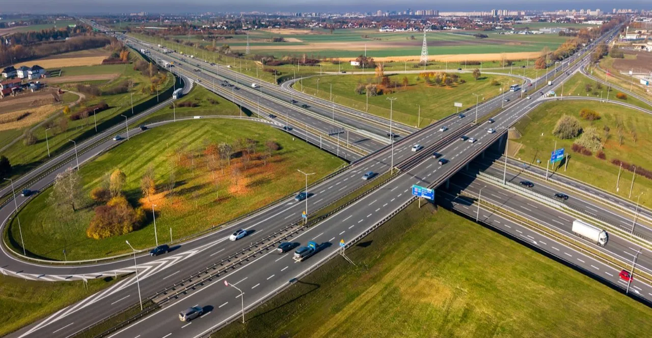 Aerial view of a multi-lane highway interchange used for topographic road corridor surveys